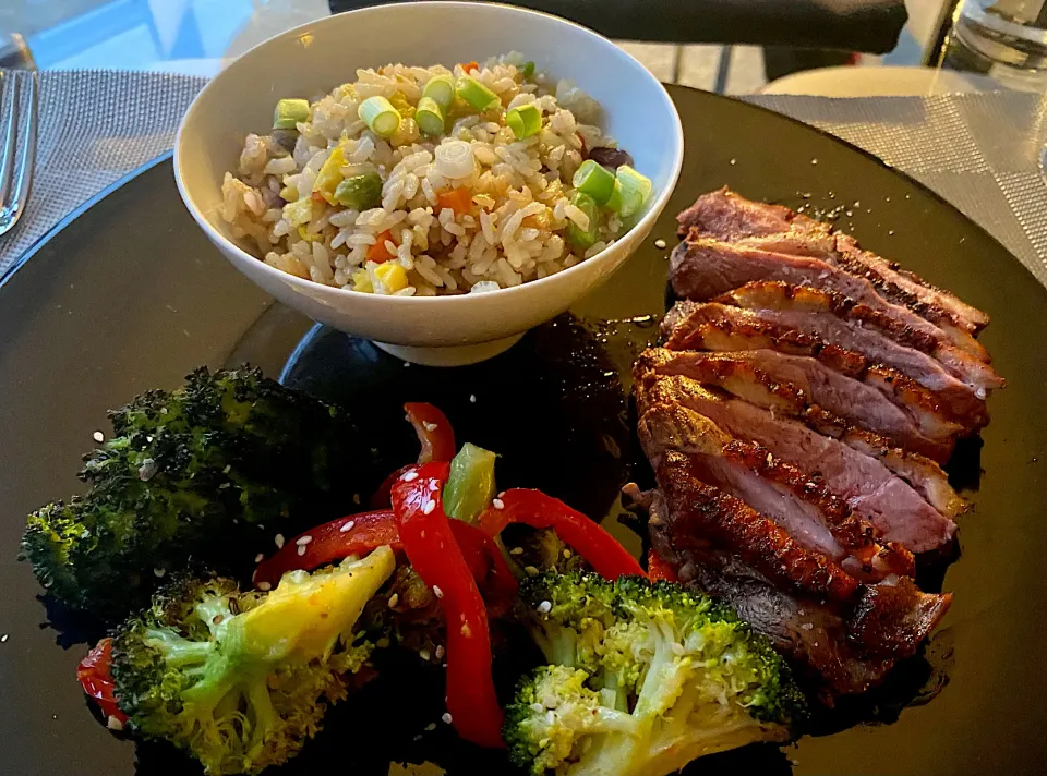 5 spice Duck Breast with Fried Rice and Broccoli Red Pepper Stir Fry|Christine pavelkaさん