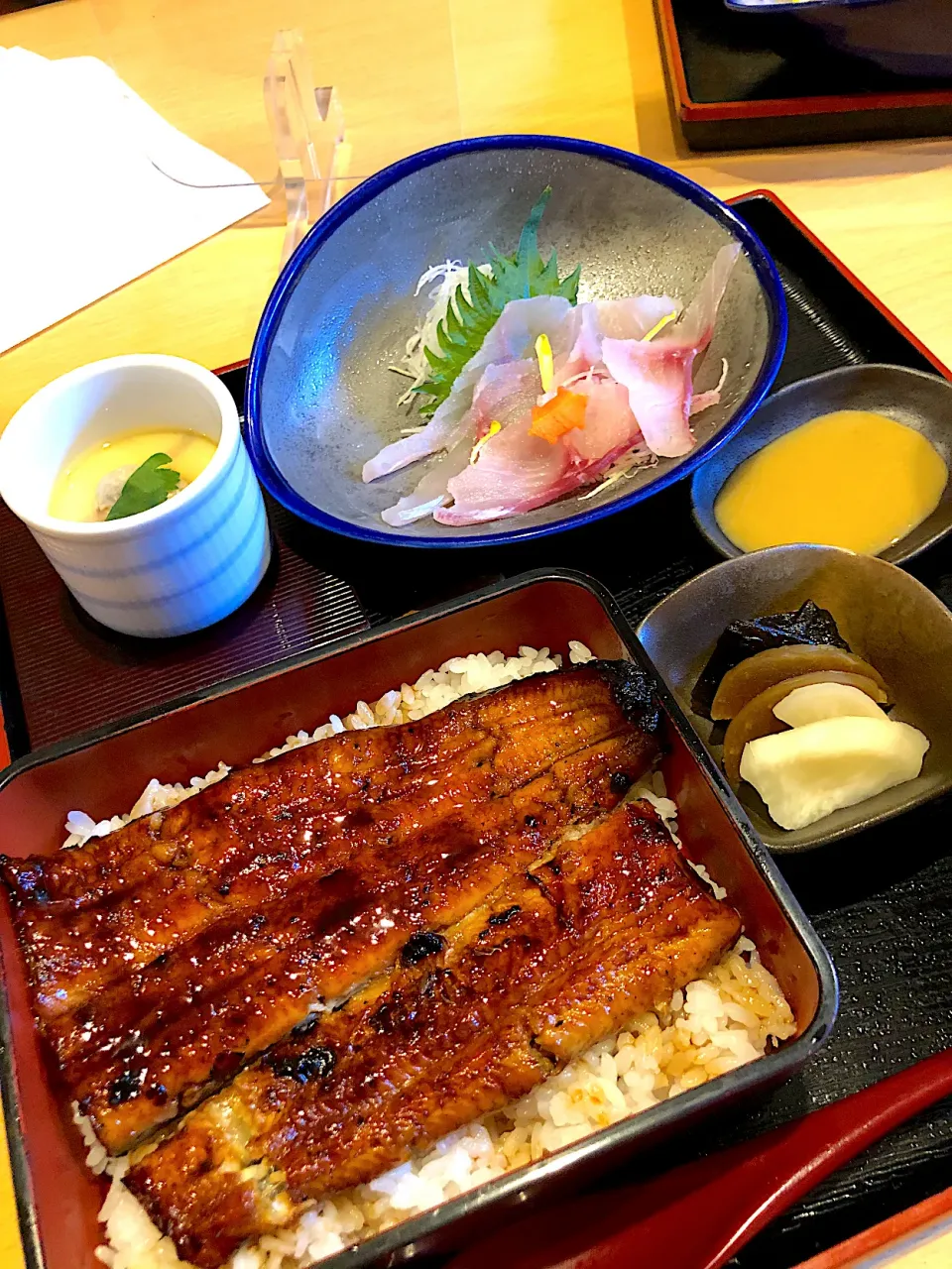 鰻重、鯉の洗い、鯉とスッポンの茶碗蒸し、肝吸（限定・うなぎ御前）@かのうや（さいたま新都心）|Kazuya Miyukiさん