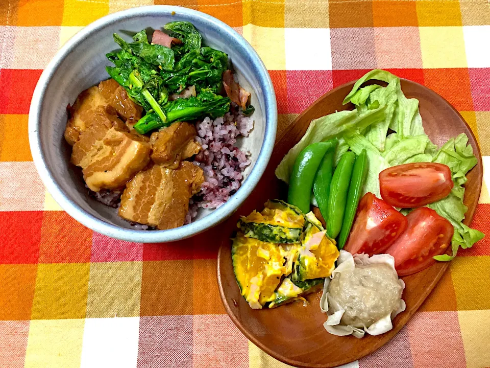 角煮菜の花丼、カボチャサラダ、肉焼売、サラダ|jackybeanさん