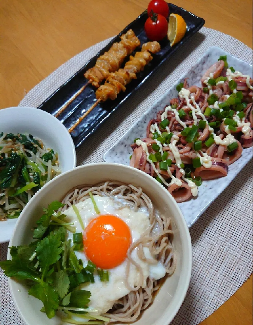 Snapdishの料理写真:とろろそば  イカのバター醤油焼き 
  焼き鳥   もやしと小松菜の中華和え|よしみさん