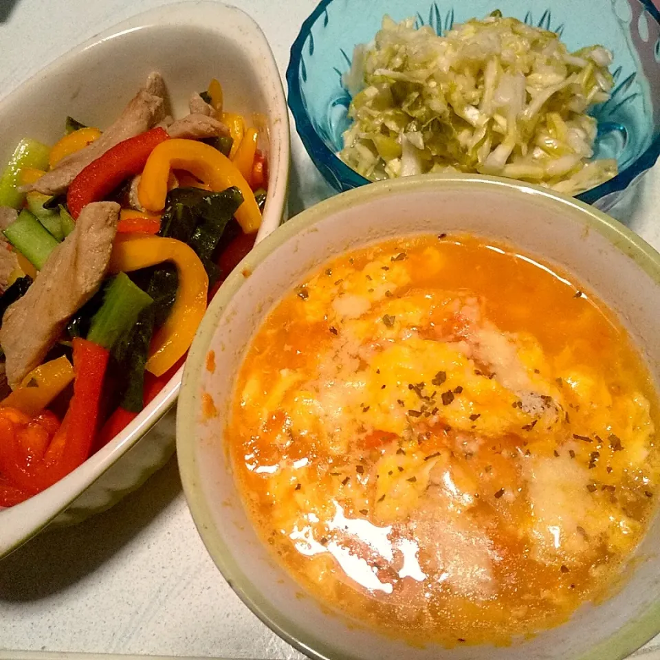 今日の晩御飯
※冷凍トマトと玉ねぎの玉子スープ
※塩こうじヒレ肉と彩り野菜炒め
※酢キャベツ
※焼酎ハイボール|れあMIXさん