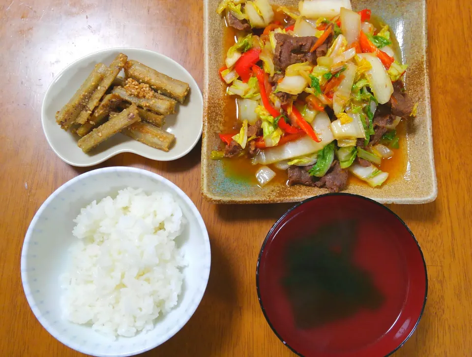 ２月１３日　白菜のプルコギ　ごぼうのごま酢和え　わかめスープ|いもこ。さん