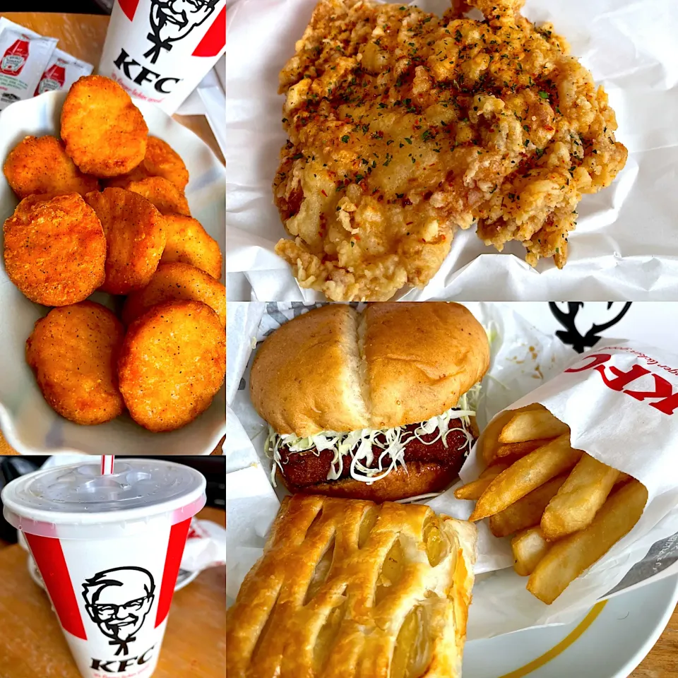 Snapdishの料理写真:グリーンホットチキン🍗BOX 和風チキンカツサンド🍔　ナゲット10個　ポテト🍟　ミニアップルパイ🥧🍎　コーラ🥤|るみおんさん