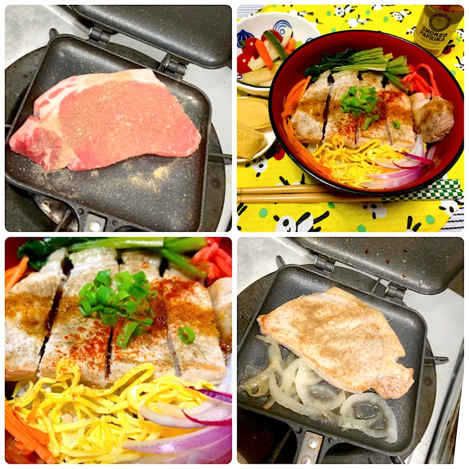 ホットサンドメーカーで蒸し焼いた⁉️トンテキ丼|いーのさん