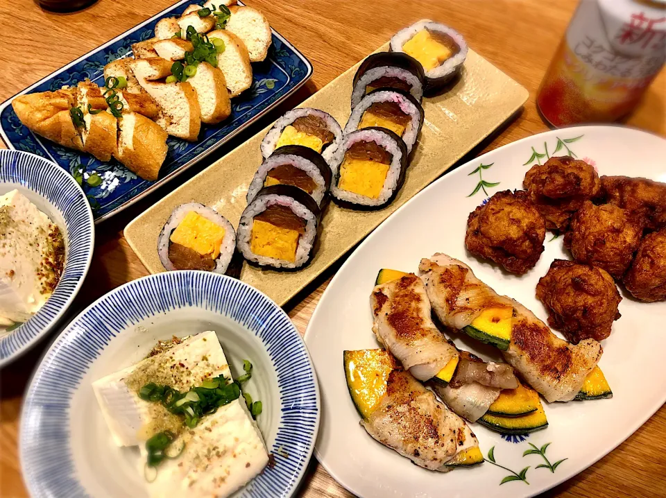 南瓜の豚ロース肉巻きソテー　　　　　　　湧水茶屋さんの豆腐・肉入り油揚げ・豆腐ナゲット　　　　　　　　　　　　　　　　　韓国苑さんの卵巻き寿司|じゅんさんさん