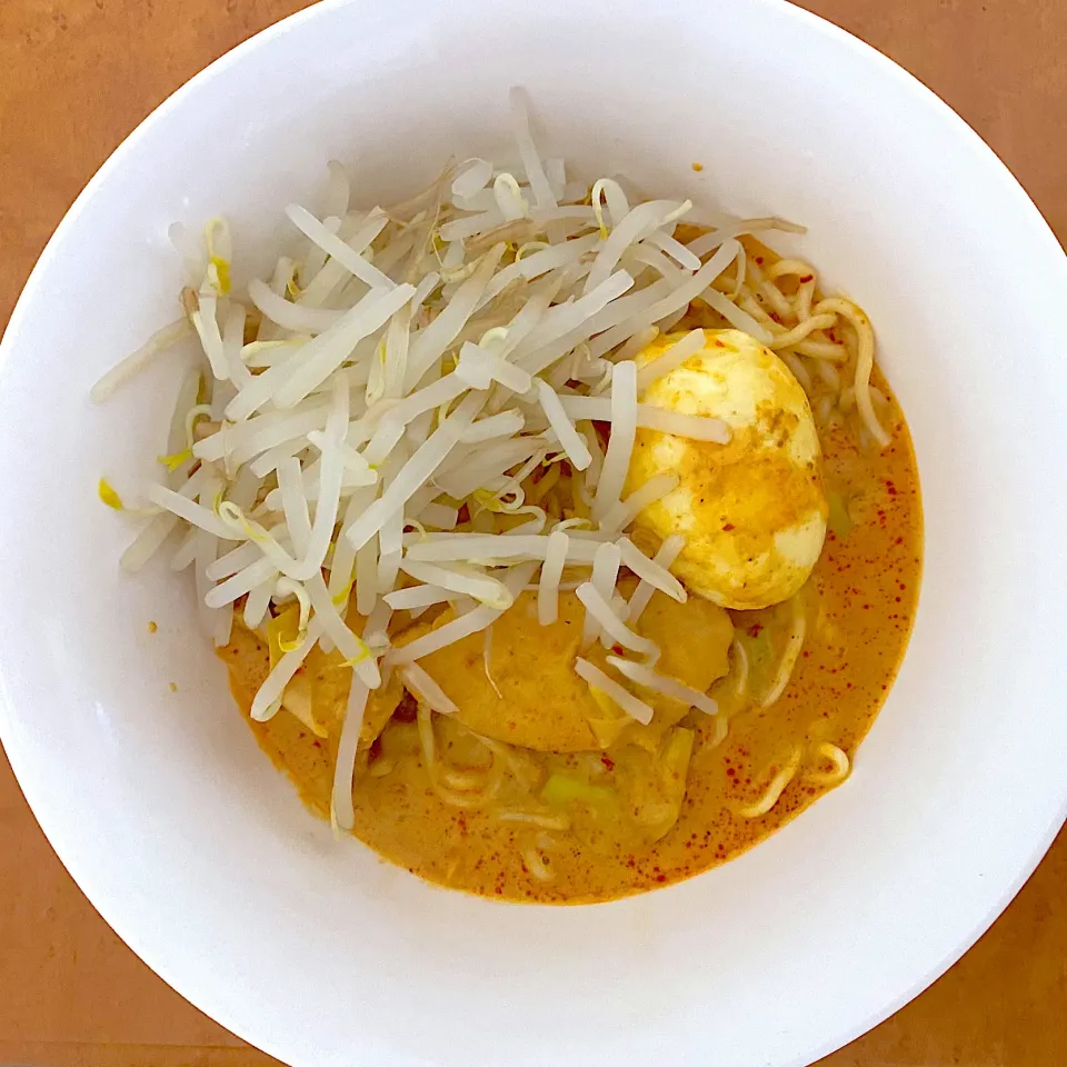 Singaporean laksa (la mian) for dinner with sprout beans, egg and smoking chicken. Lets have dinner.|MI 「いどりす」さん