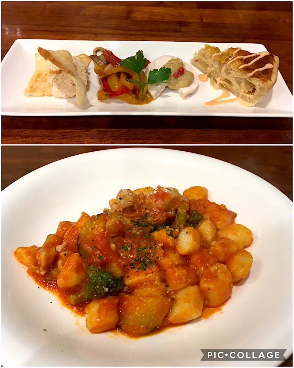 前菜四種盛合せ（冬瓜のキッシュ、鶏ハム 粒マスタードソース、パプリカのマリネ、クリームチーズのカナッペ）、本日のニョッキ（チキン・ブロッコリー・ナスのトマトソース）|こいちさん