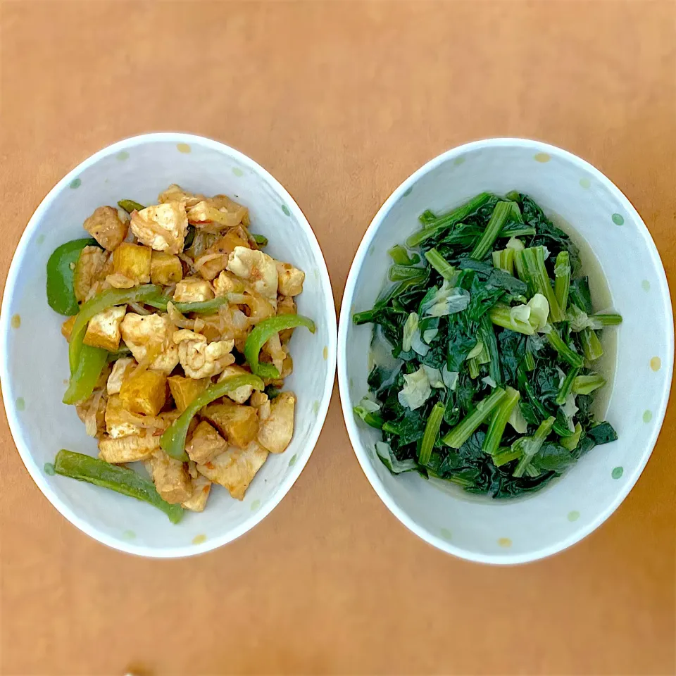 Dinner with stir-fry spinach and chicken-tofu-tempe in tomato sauce with p-man. いただきます|MI 「いどりす」さん