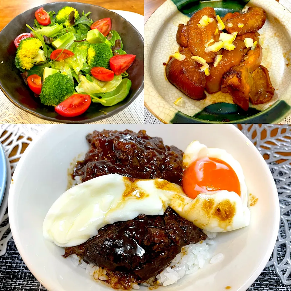 どて丼、鶏肉の旨煮とサラダの宴|なお🅿️さん