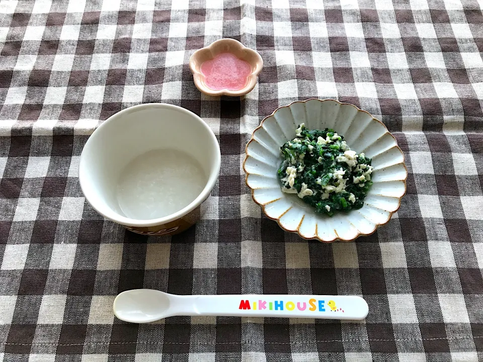 Snapdishの料理写真:【離乳食】しらすとほうれん草の白あえ、いちごペースト、10倍がゆ|sayaさん