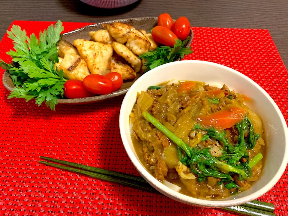 カレーうどんとめだいの唐揚げ|ゆっちこさん