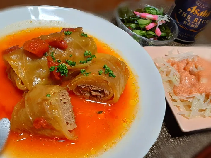 ロールキャベツ🥬
大根サラダ明太マヨネーズ
ワカメときゅうり酢の物|びせんさん