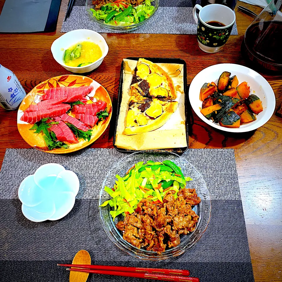 焼肉、野菜炒め、鮪お刺身、南瓜煮物、ピザ残り、常備菜、漬物、鯵フリッター|yakinasuさん