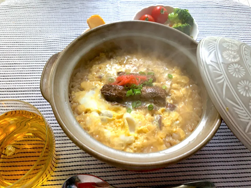 さんま蒲焼缶詰ご飯のあまりを玉子とじ雑炊に⁉️|いーのさん