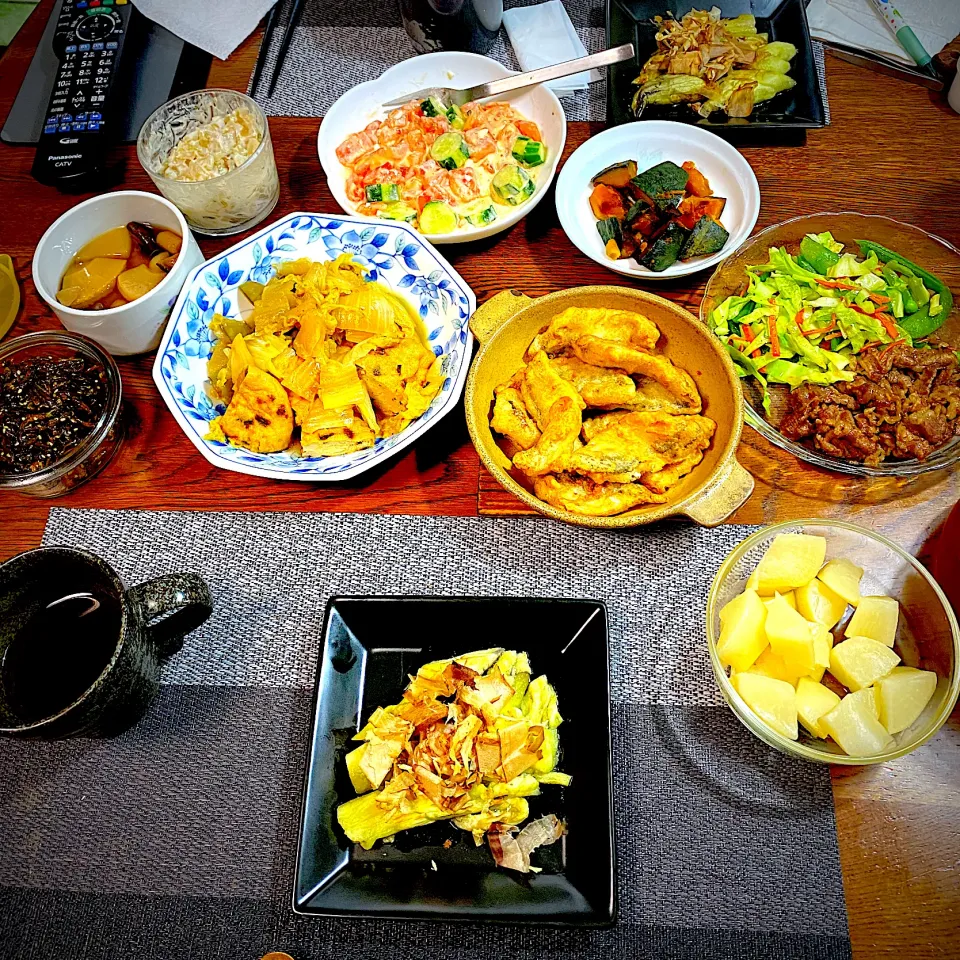 白菜、絹さや、がんもの煮物、鯵のフリッター、焼きなす、焼き肉残り、南瓜煮物残り、トマトと胡瓜のサラダ、常備菜|yakinasuさん