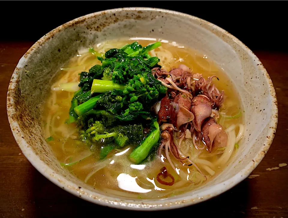 菜の花と蛍イカのペペロン温めん|半田手延べそうめんの店 阿波や壱兆さん