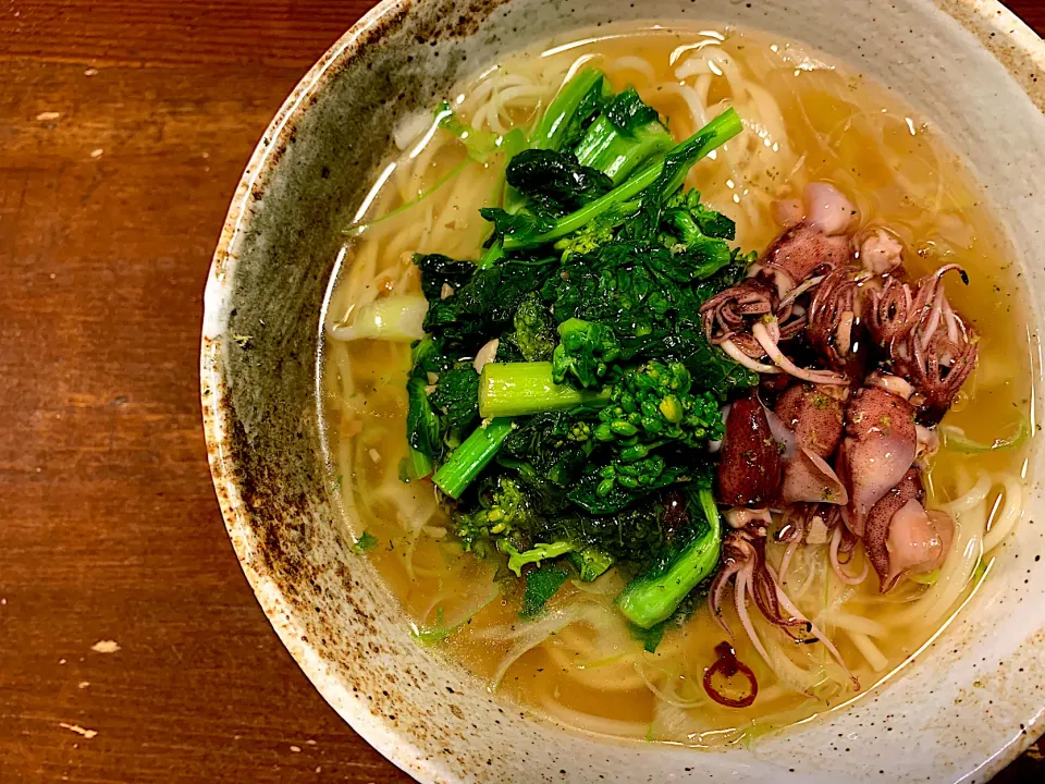 菜の花と蛍イカのペペロン温めん|半田手延べそうめんの店 阿波や壱兆さん