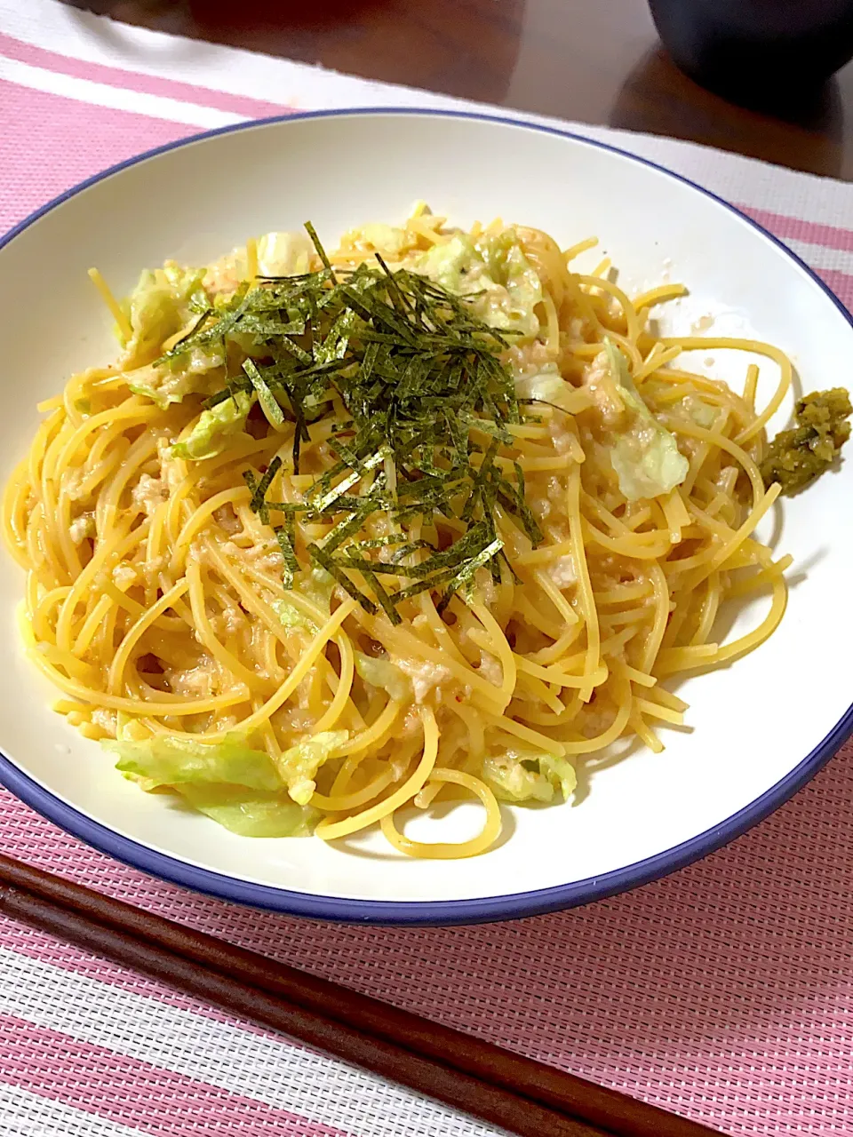 この間テレビでしてた、たらこパスタに長芋と、柚子胡椒のパスタしてみた|ゆきももさん