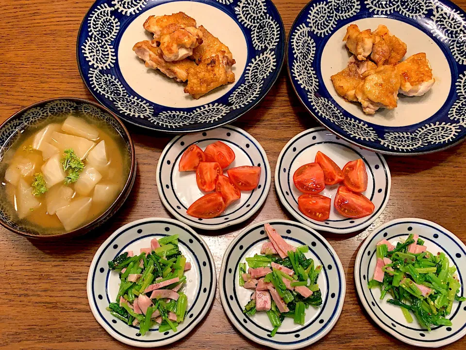 照り焼きチキン🍗高知産シュガートマト🍅蕪とハムのサラダ🥗蕪のスープ🧁今日の夕食20210227|rococoさん