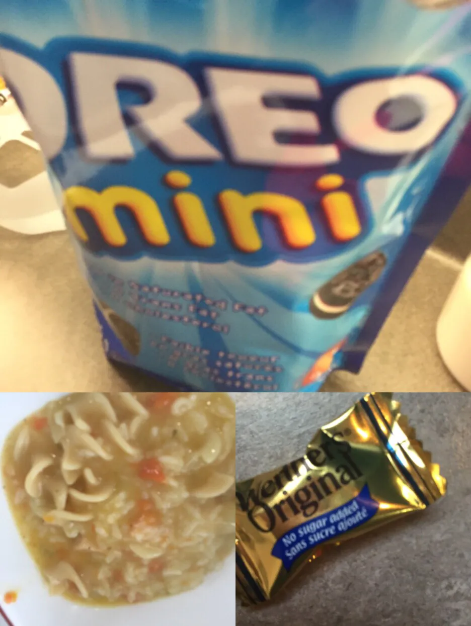 Chicken soup with rice,Oreo minis,no sugar added caramel hard candy|ninja kittyさん