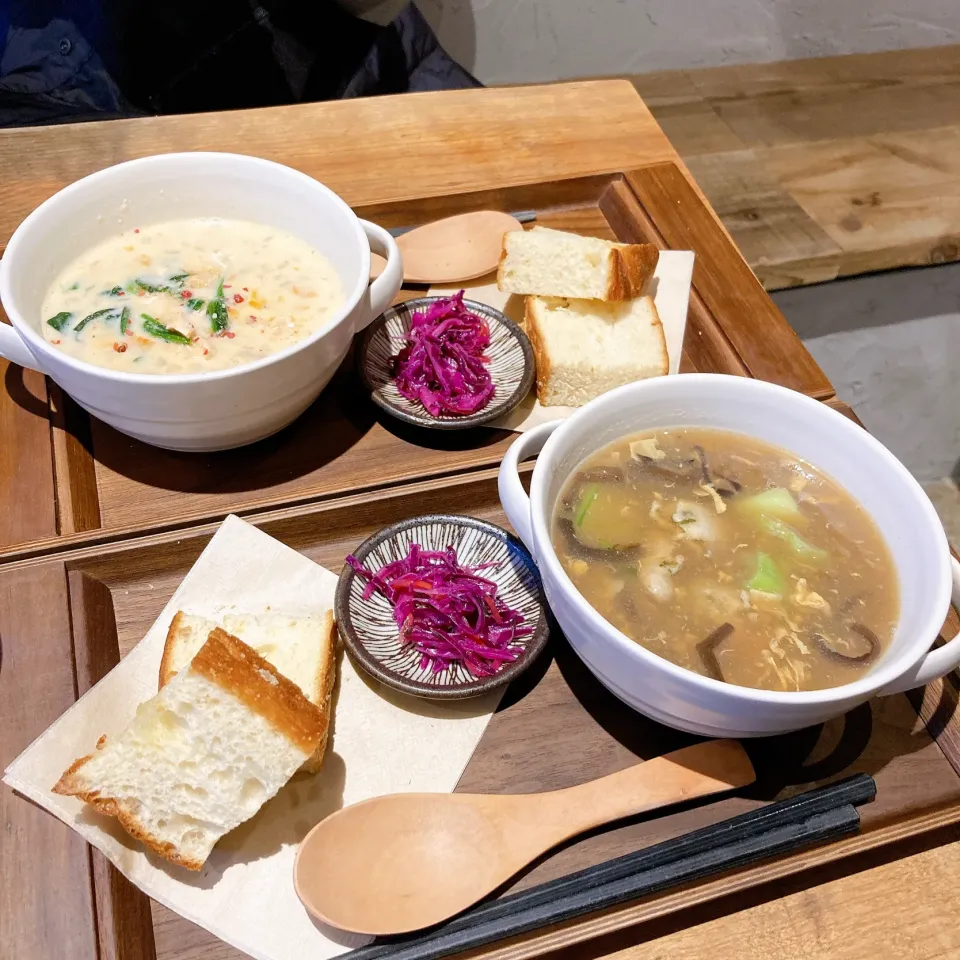 　サーモンと豆乳のクラムチャウダー　　　牡蠣とふわふわ卵の春雨スープ🦪|ちゃみこさん