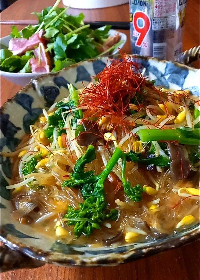 菜の花と豆もやしの麻婆春雨|まりおさん