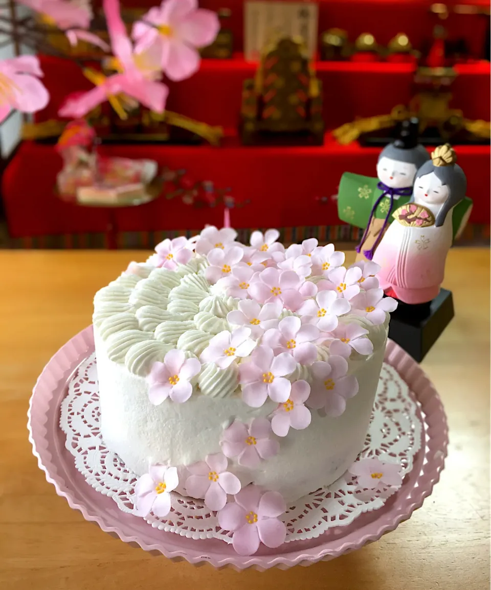 糀甘酒入りのひな祭りケーキです〜🌸✴🎎✴🌸     お砂糖のさくら🌸咲いてます(⑉• •⑉)♡|sucreroomさん