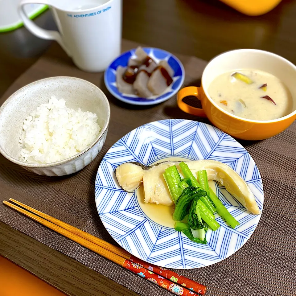 たらの煮付け　さつまいも豆乳スープ　蒟蒻田楽|ちぐあささん