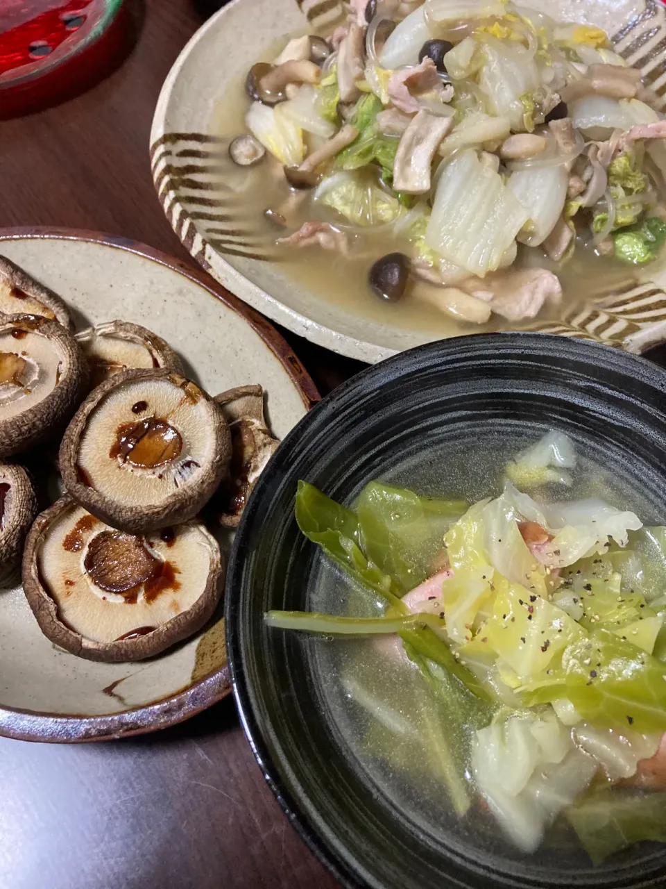 Snapdishの料理写真:3月1日晩ご飯。豚白菜春雨煮、焼き椎茸、春キャベツのスープ、海藻。|あやさん