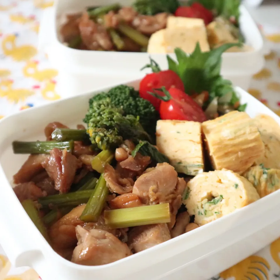 中学生男子年子弁当🍱鶏肉のすき焼き煮のっけ弁|なかじー。さん