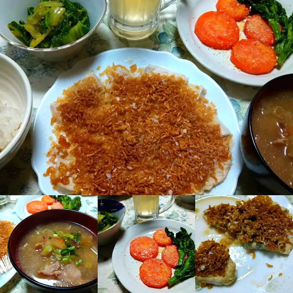 鶏むね肉のチキンラーメン乗せ☆長イモと豚肉のふわふわ汁、人参と菜の花の瞬間蒸し野菜、白菜のお浸し、ハイボール|うたかた。さん