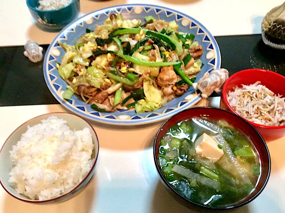 豚と豆もやしの炒め物としらす、ワカメのお味噌汁で晩御飯|Takeshi  Nagakiさん