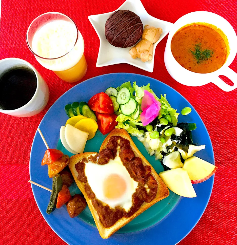 ハッピーモーニング💖エッグカレーオープンサンド^_^😋糀甘酒セーキ💪💖おまけにチョコ菓子🍫笑笑💖朝カレー202日目💪✌️|HAMI69さん