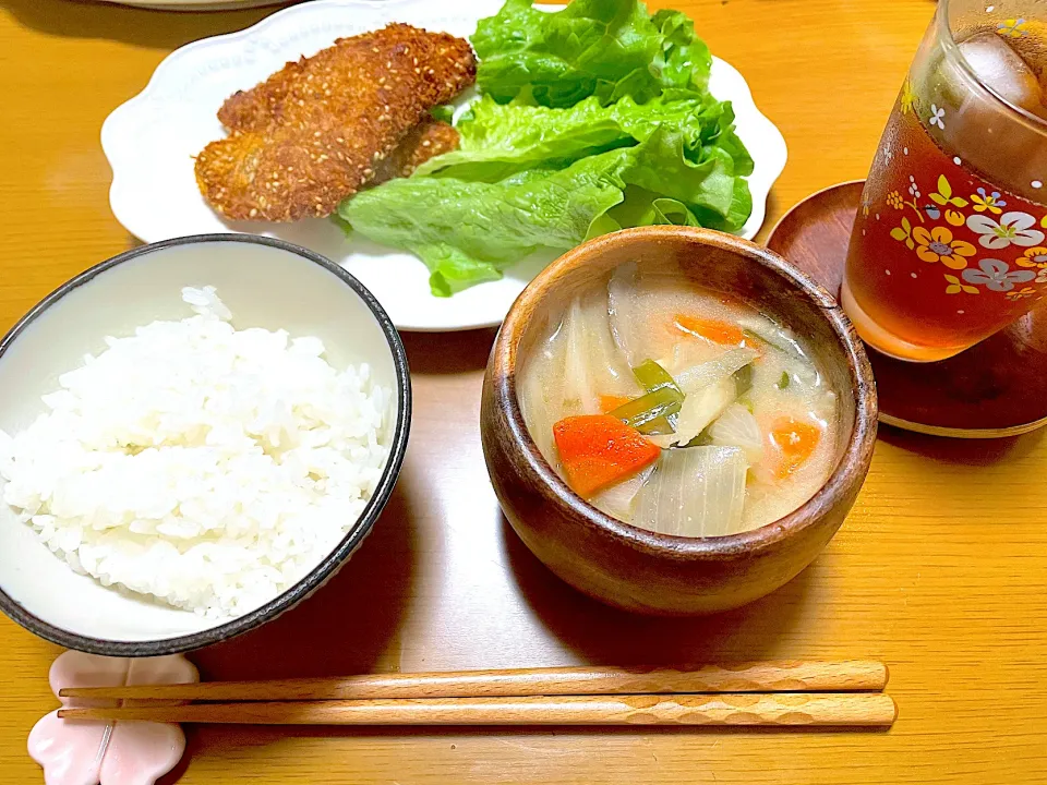 あじのごま醤油フライ、根菜きんぴら汁|江口笑湖さん