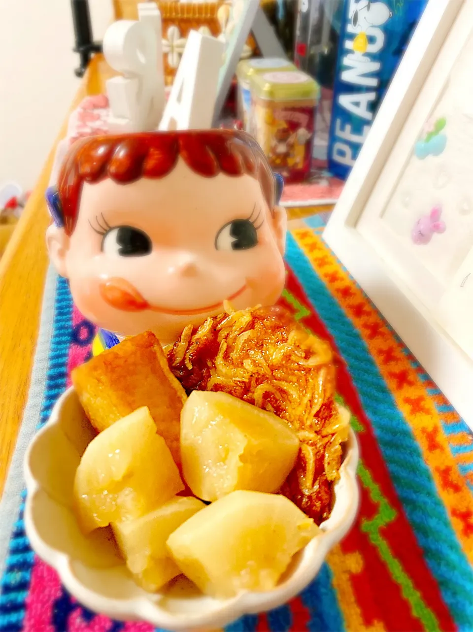 Snapdishの料理写真:トロトロかぶと揚げかまぼこと干しエビ天♡お醤油とお砂糖だけのシンプル煮物。|ぽき。さん