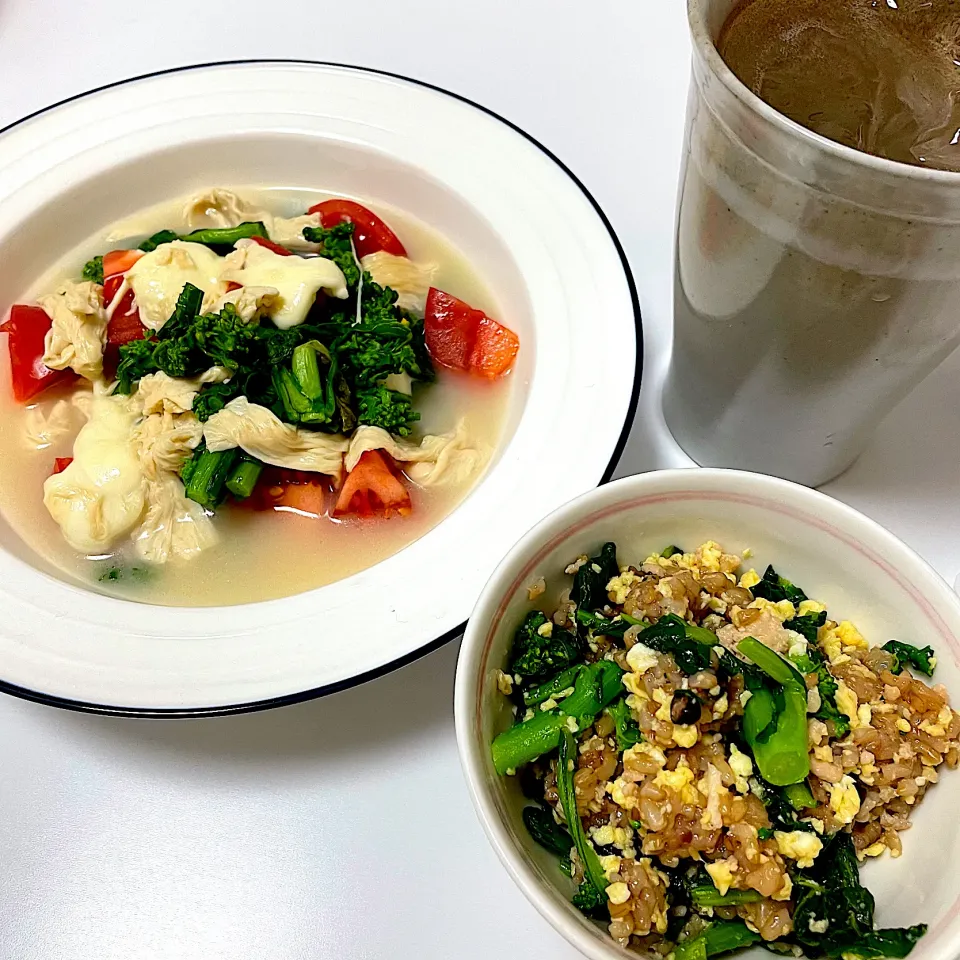 菜の花鶏そぼろご飯、湯葉と菜の花カプレーゼ|Masamiさん