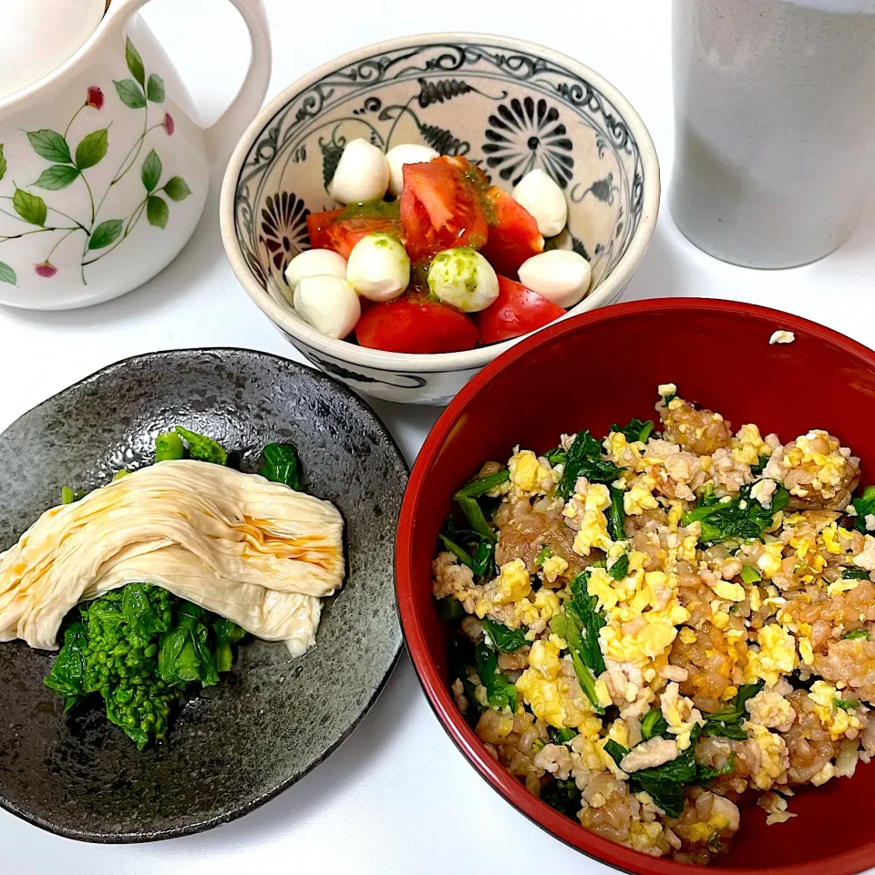 菜の花玄米ご飯、湯葉と菜の花のお浸し|Masamiさん