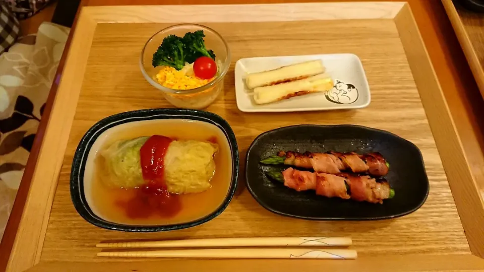 ☆ロール白菜
☆アスパラベーコン
☆竹輪のマヨチーズ焼き
☆ポテトミモザサラダ|chikakoさん