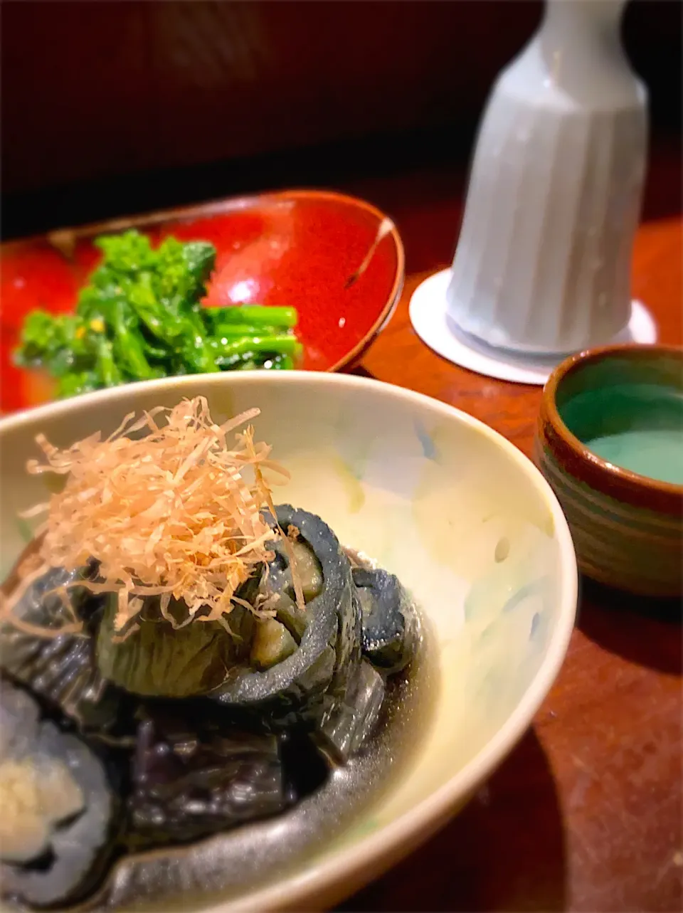 茄子の煮浸し＋菜の花の辛子和え|へろへろさん