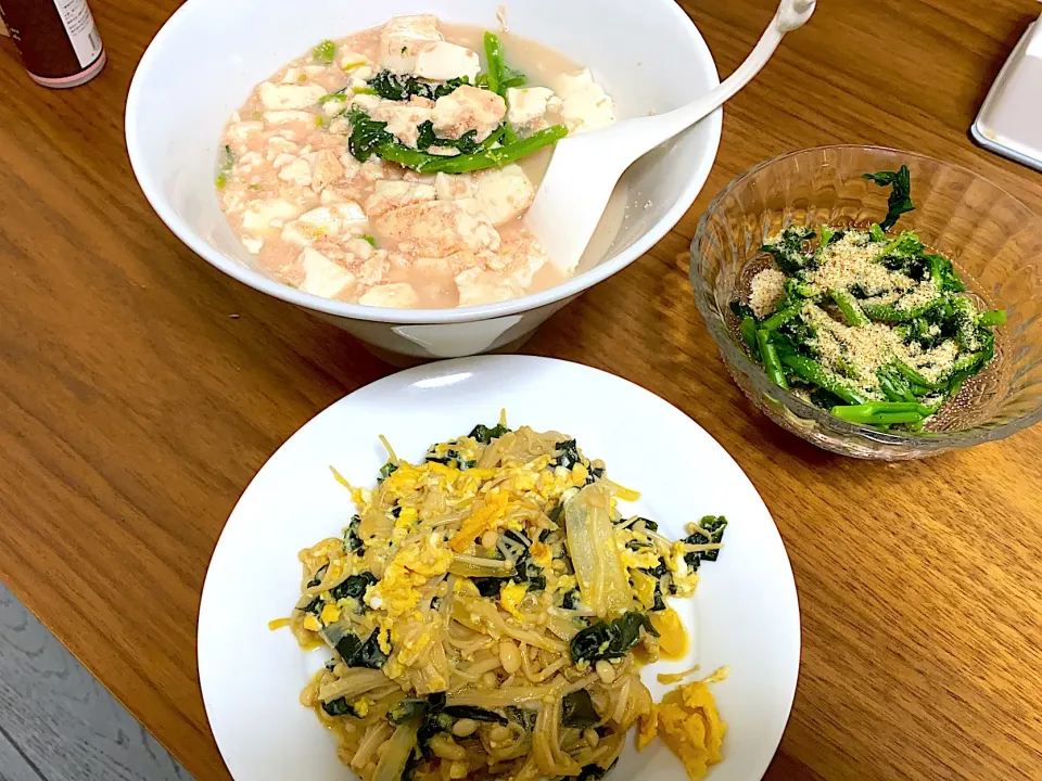 豆腐の明太とろみ煮、菜の花胡麻和え、えのきとわかめの卵とじ|aico☆さん