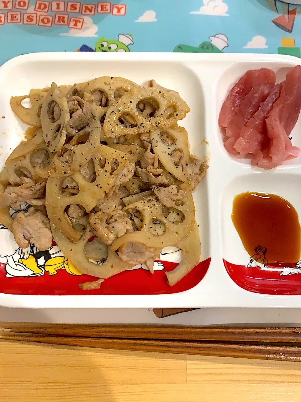 豚れんこんのうまだれ焼き　&    マグロのお刺身|ぺろたんさん