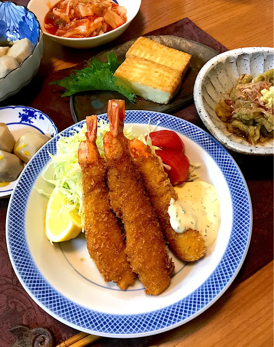 海老フライ、焼きナス、里芋煮、焼き厚揚げ|sobacoさん