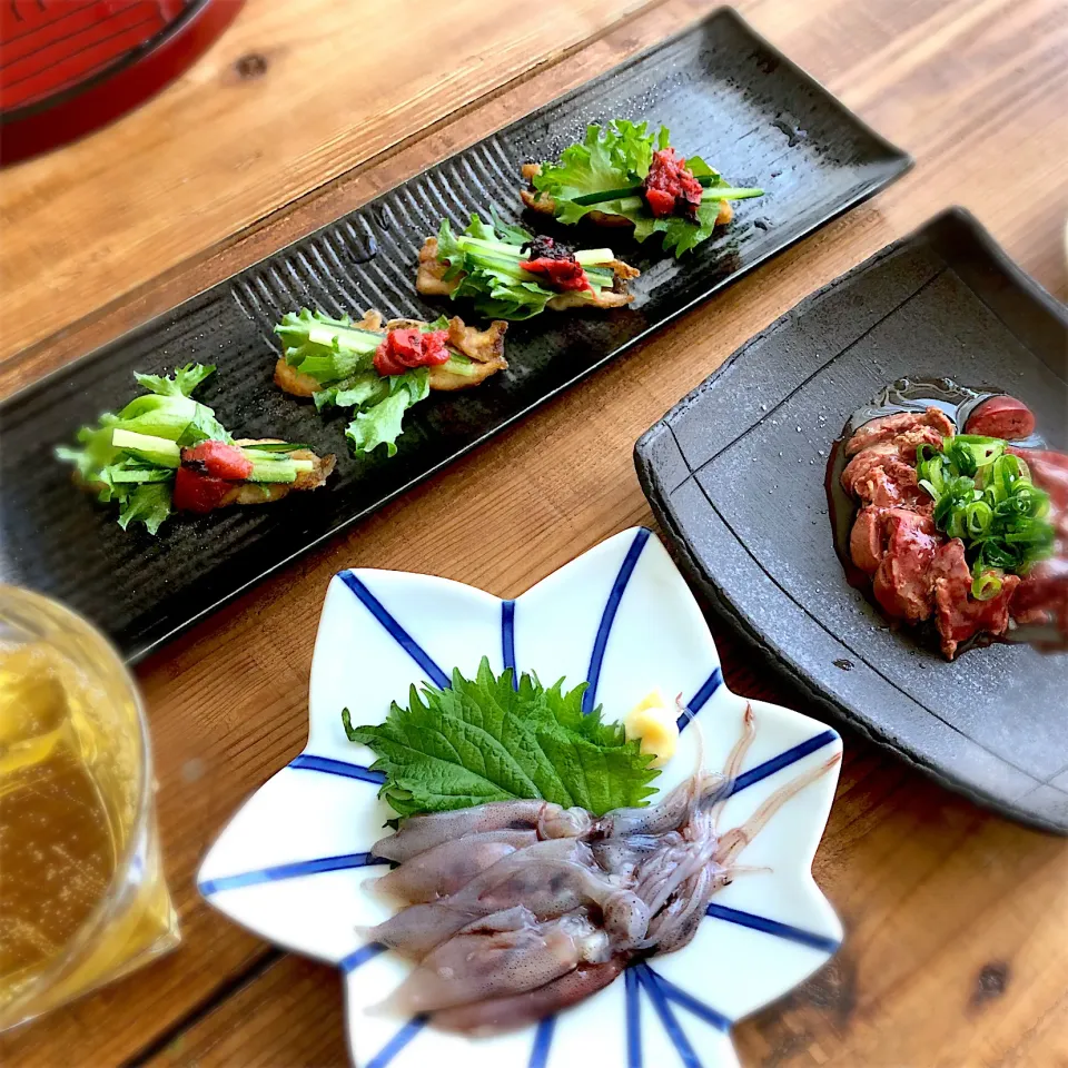 昼飲みset（՞ټ՞☝♡のせのせサラダ梅イワシ♡蛍烏賊の刺身♡鳥肝加熱処理生レバー風|Mika  Funatsuさん