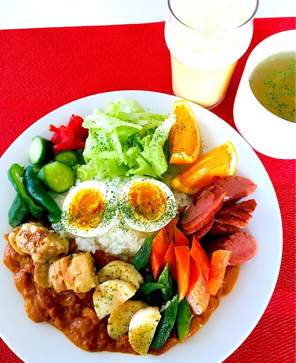 ハッピーモーニングセット💖🤗🙏野菜大盛りハッピースパイスチキンカレー🍛💪💖ミルクセーキ🥛鶏軟骨コラーゲンスープ😋💖朝カレー209日目💪✌️毎日ハッピーシャワー全開^_^💖✌️|HAMI69さん