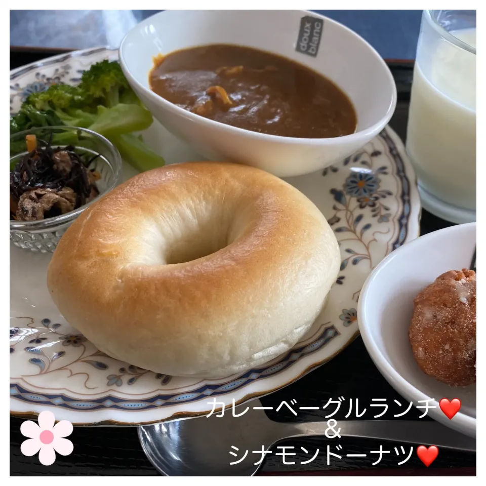 カレーベーグルランチ&シナモンドーナツ❤️|いのっちさん