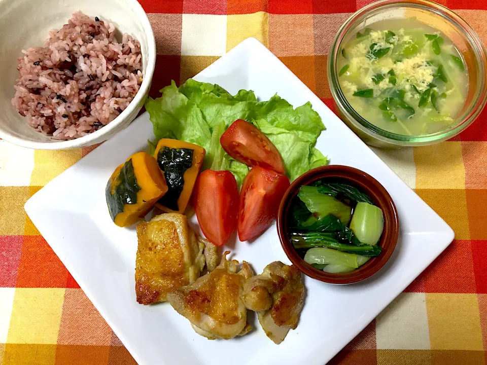 鶏の柚子胡椒焼き、青梗菜中華スープ煮、カボチャ煮物、レタスと豆苗の中華卵スープ|jackybeanさん