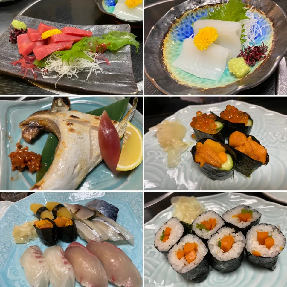 本鮪刺身🐟、剣先イカ刺身🦑、本鮪カマ塩焼き🐟、ウニ・いくら、握りたち🍣、山牛蒡巻き|buhizouさん