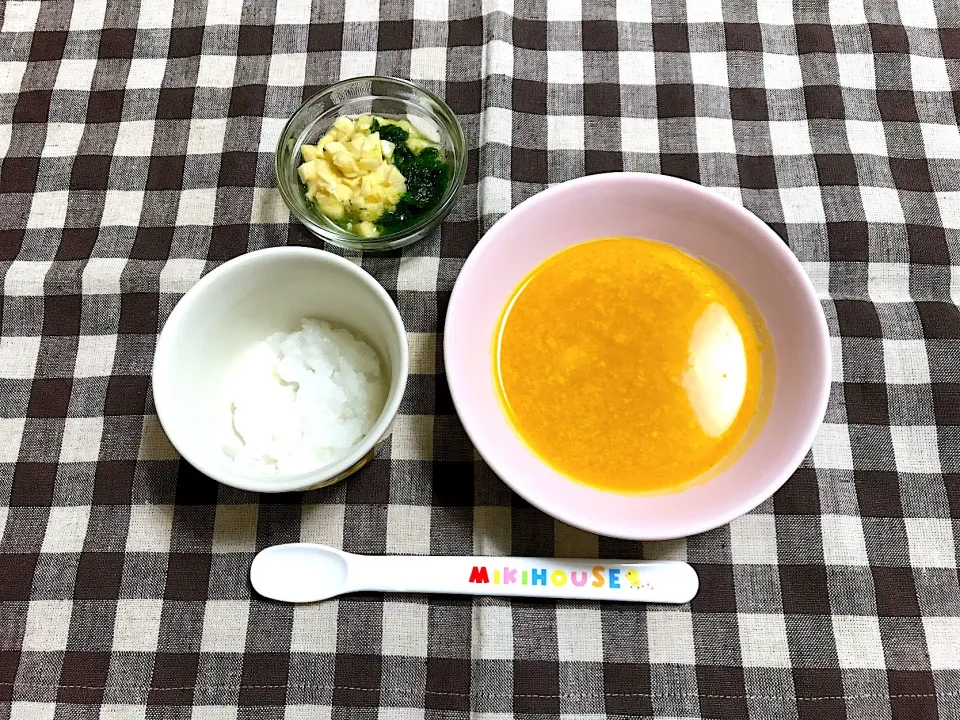 【離乳食】高野豆腐とかぼちゃのトロトロあえ、バナナレタス、7倍がゆ|sayaさん