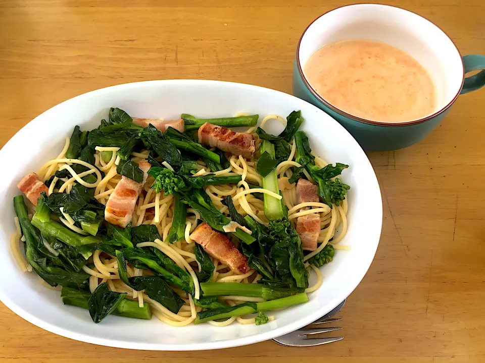 菜の花とベーコンのパスタと春色ポタージュ|ゆっこっこさん