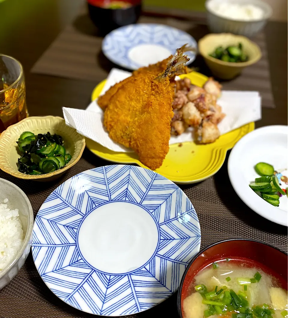 アジフライ　たこ唐揚げ　きゅうりの酢の物|ちぐあささん